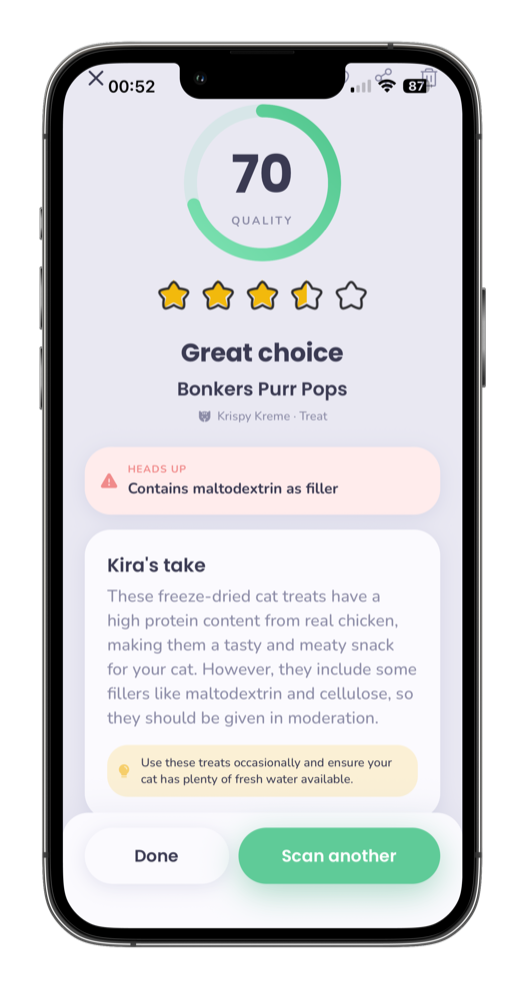 Kira app — quality score screen